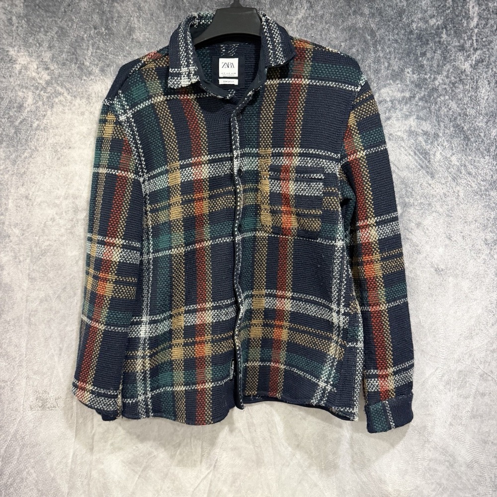 Zara Men's Small Plaid Textured Overshirt Jacket Navy Green Red Comfort Fit